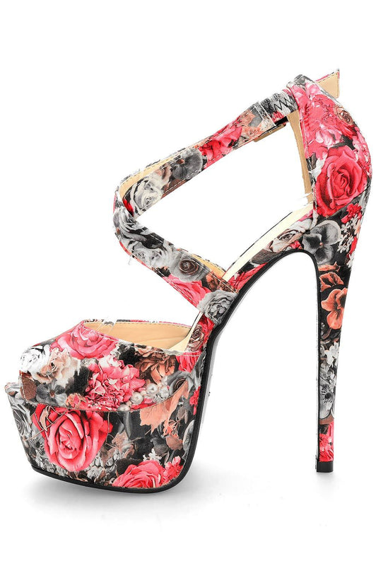 Multicoloured sandals with floral print and high heels