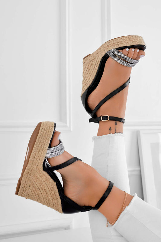 DEEP - Espadrille sandals with black wedges and jewel bands