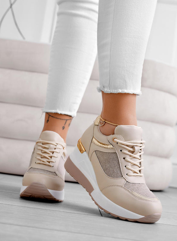 CAIRO - Beige sneakers with gold glitter fabric inserts
