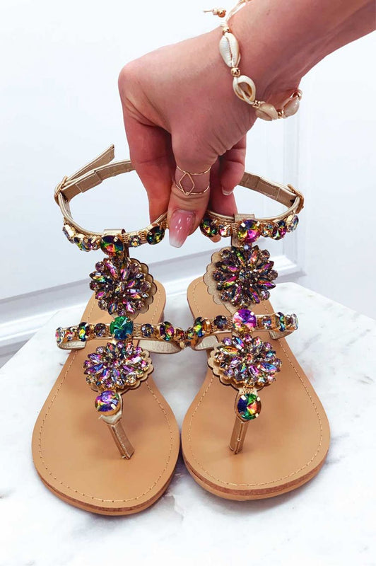 Sandales tongs bijoux plats multicolores avec pierres