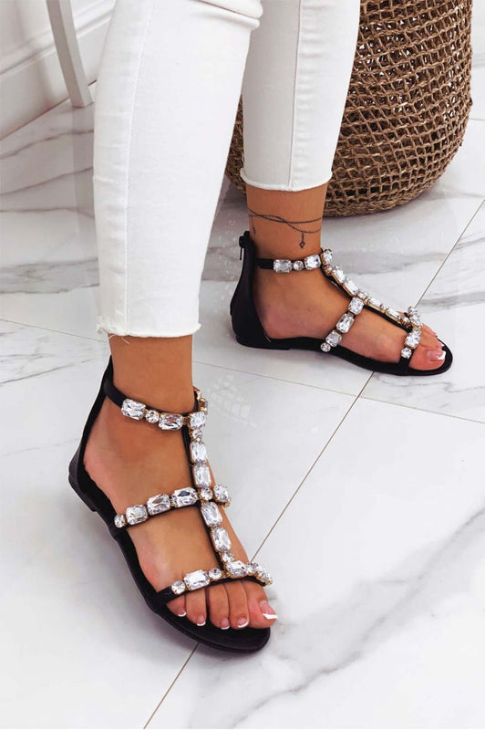Black jeweled flat sandals