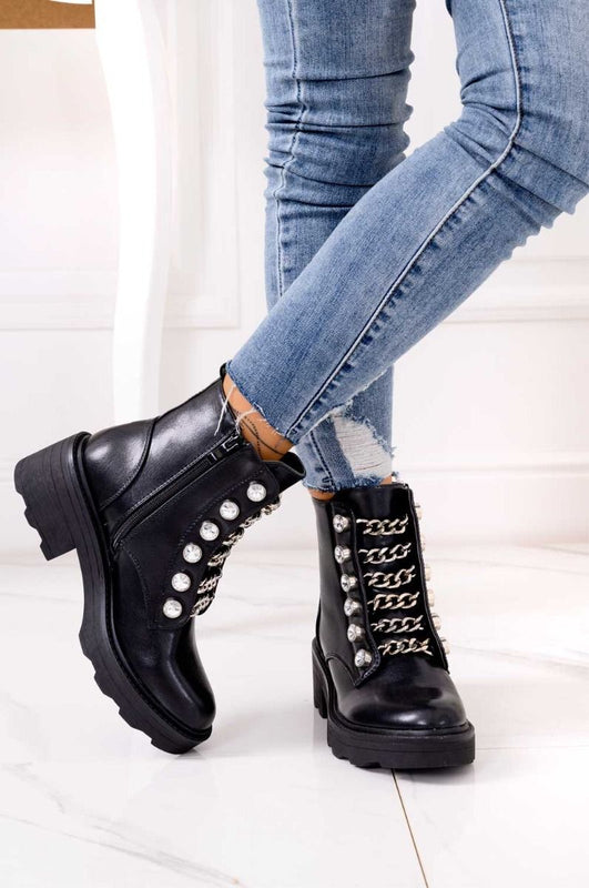 Bottines noires biker avec chaînes et strass