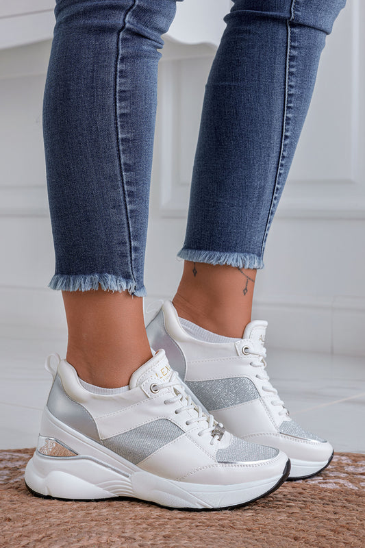 FREYA - White Alexoo sneakers with silver glitter inserts