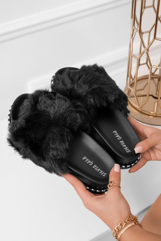 BAMBI - Black slip-on sandals with faux fur