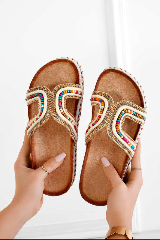 ADANA - Beige slipper sandals with multicolor stones