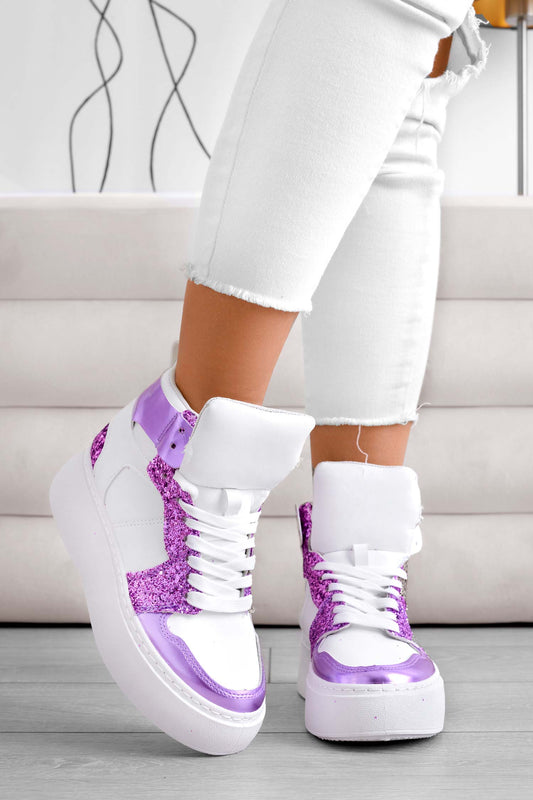 White sneakers with purple glitter inserts