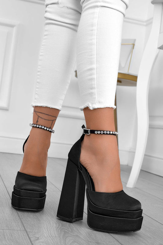 FLORENCE - Escarpins noirs en satin avec talon haut, plateau et bride bijou