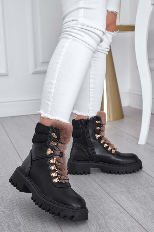 MATHIAS - Black combat ankle boots with faux fur tongue