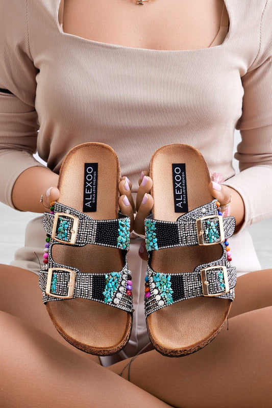 AXIDIE - Black slippers sandals with buckles and multicolor stones