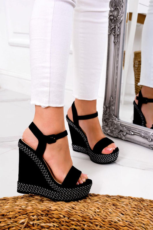 LUCREZIA - Black suede sandals with wedge and rope detail