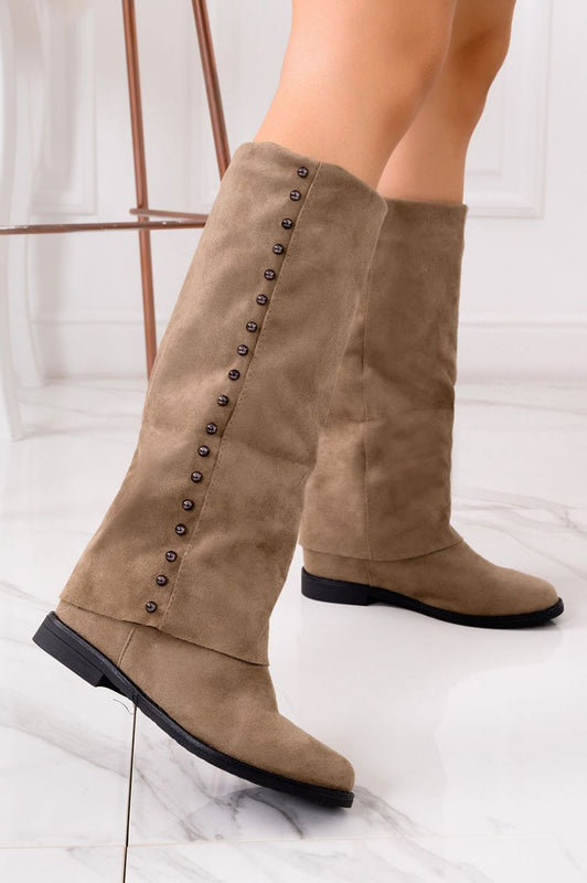MANUELA - Light brown suede boots with inner wedge and studs