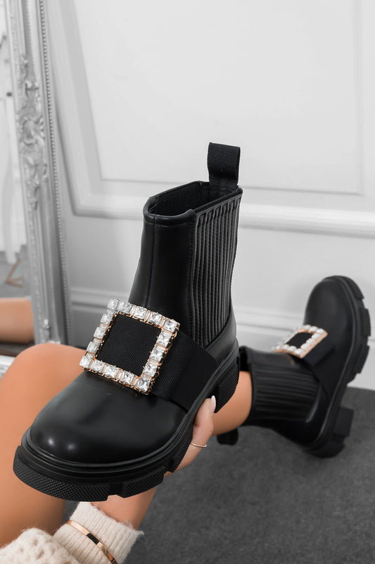 DORA - Black ankle boots with side elastic and jewelled buckle