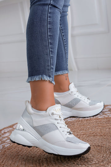 FREYA - White Alexoo sneakers with silver glitter inserts