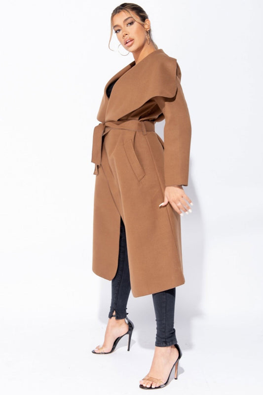 Camel long coat with waist drawstring