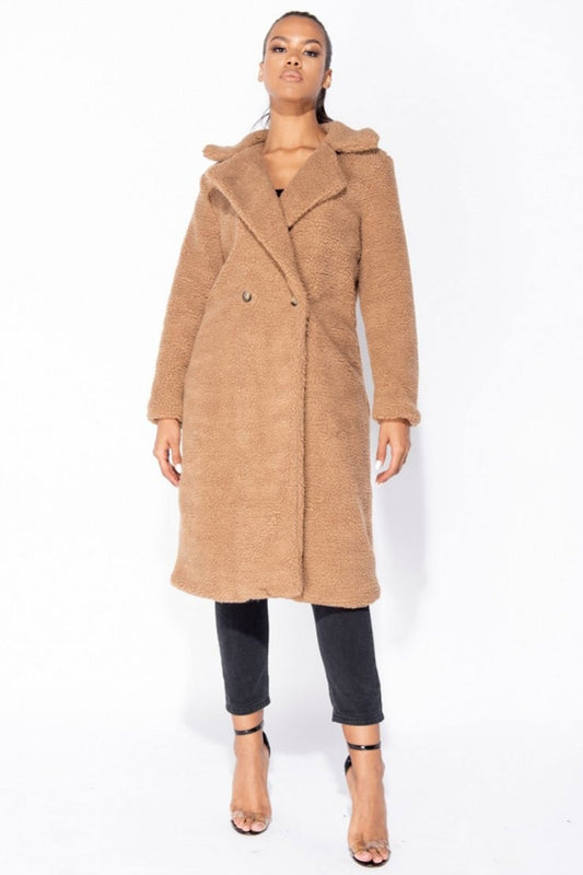 Light brown teddy coat with pockets and buttons