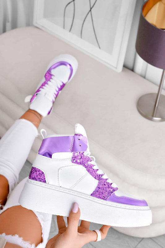 White sneakers with purple glitter inserts