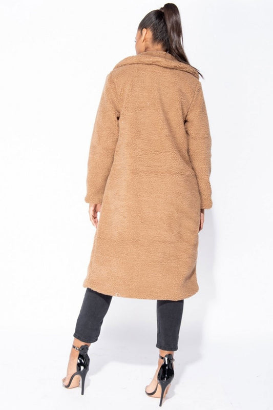 Light brown teddy coat with pockets and buttons