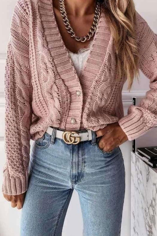 Pink knitted cardigan with pearl buttons