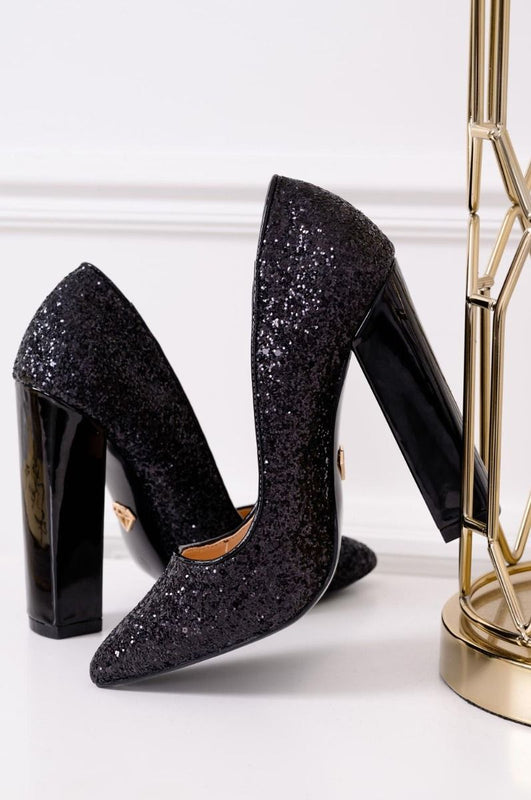 CAROLA - Black glitter pumps with comfortable patent heel