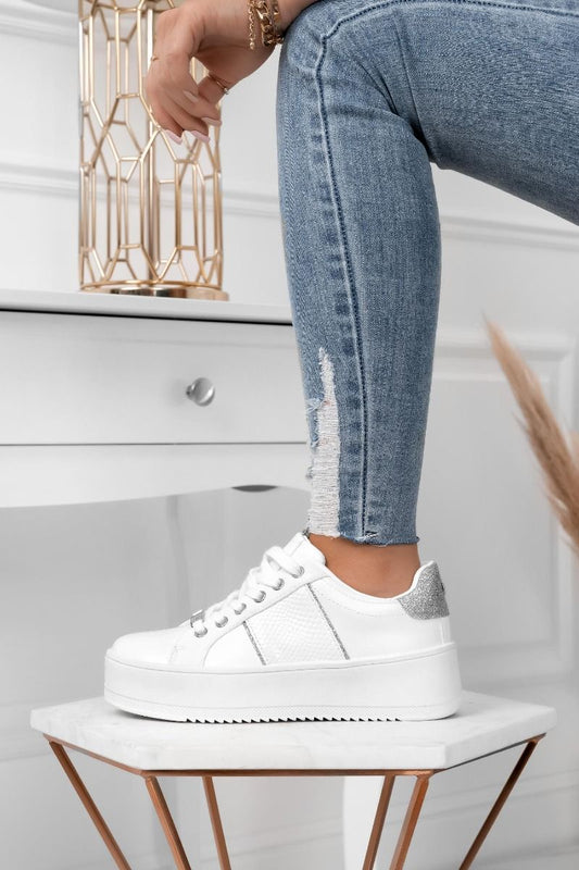 MORENA - White sneakers with silver glitter inserts