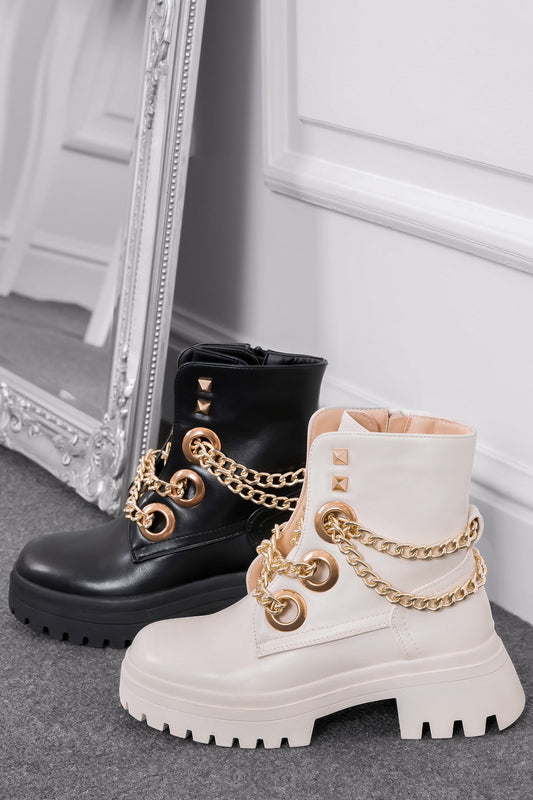 ASIA - Beige ankle boots with golden chains