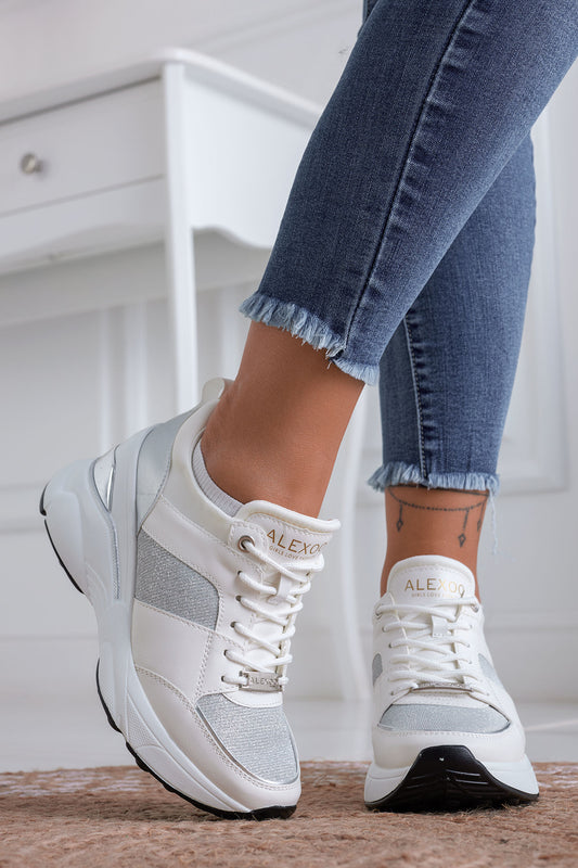 FREYA - White Alexoo sneakers with silver glitter inserts