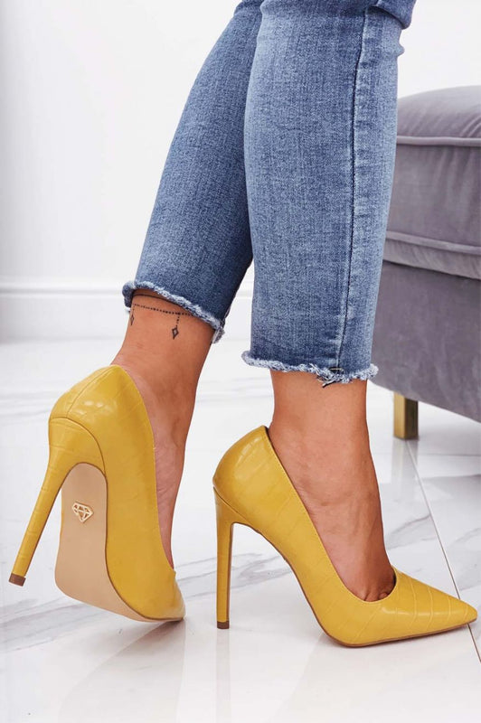 TONYA - Yellow faux leather pumps with crocodile print and high heel