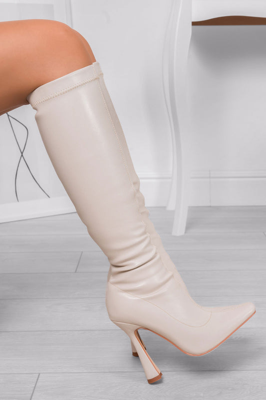 DOLLIE - Beige elastic boots with hourglass heel