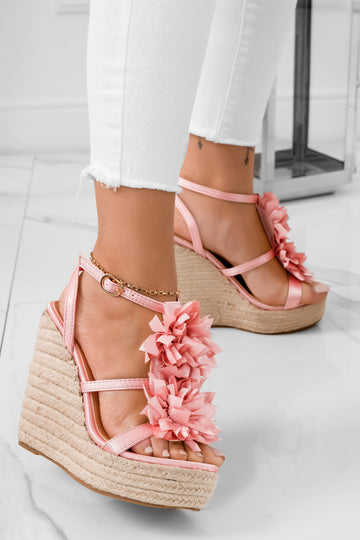 Pink satin espadrille sandals with applied flower