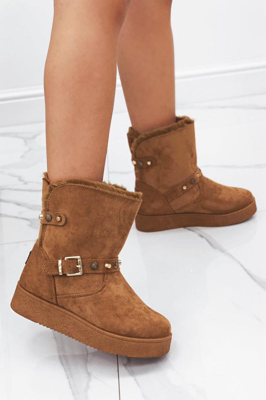 MARTA - Camel snow boots with faux fur and studs