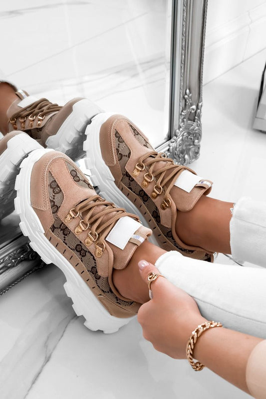 MARISOL - Light brown sneakers with brown prints  and golden hooks
