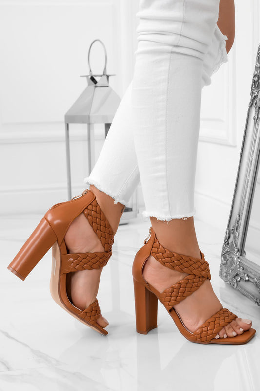 DOMINIK - Camel sandals with braided straps and block heel
