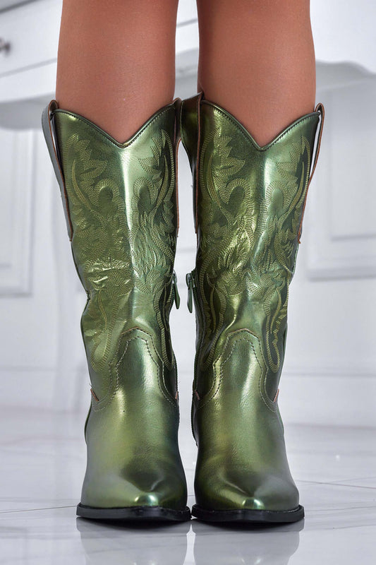 PAMPLONA - Metallic green camper boots with Alexoo embroidery