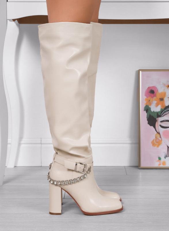 ALESSANDRA - Alexoo beige boots over the knee with rhinestone chain