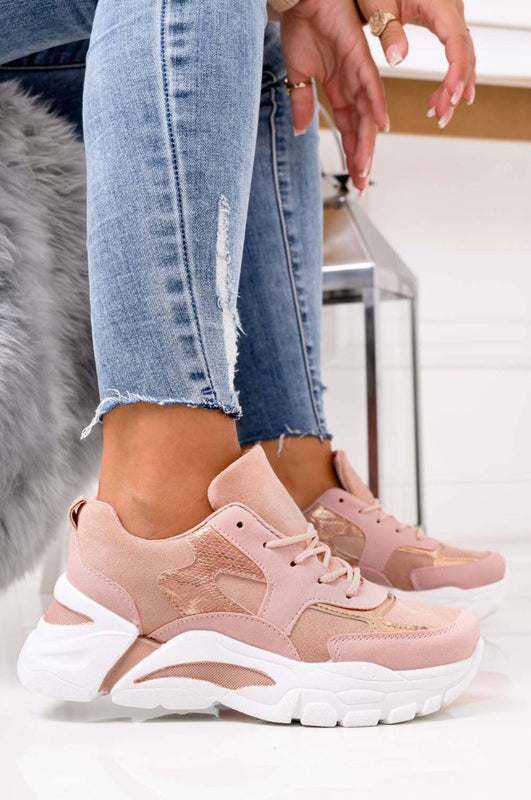 Pink sneakers with thick sole and rose gold inserts
