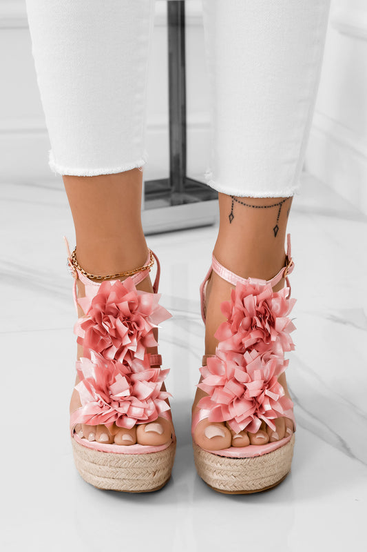 Pink satin espadrille sandals with applied flower