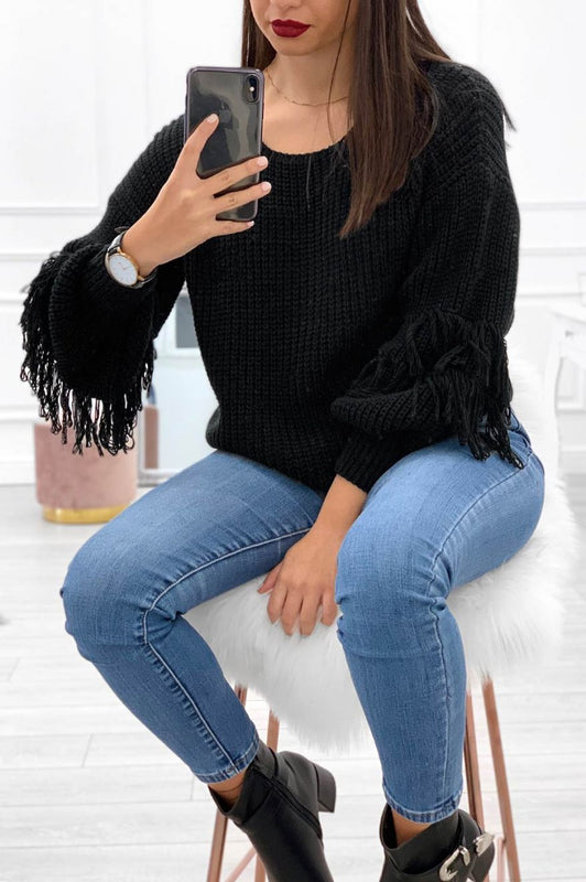 Pull avec manches ballon et franges Noir