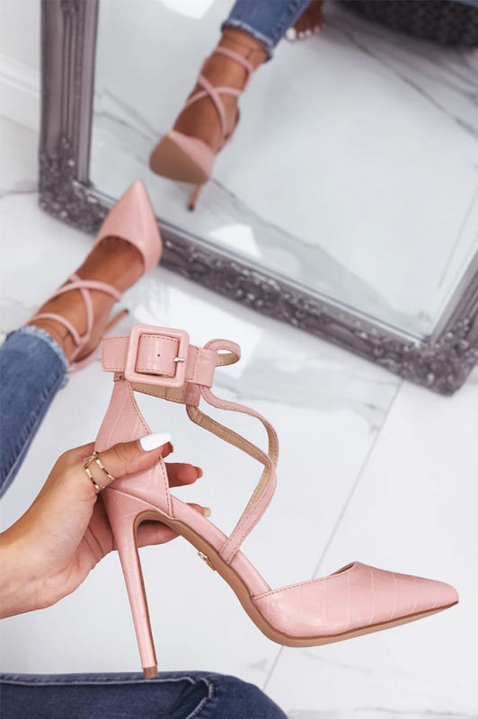 Escarpins roses effet crocodile à talons hauts