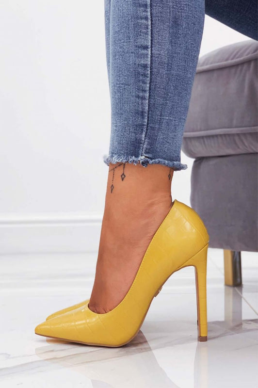 TONYA - Yellow faux leather pumps with crocodile print and high heel