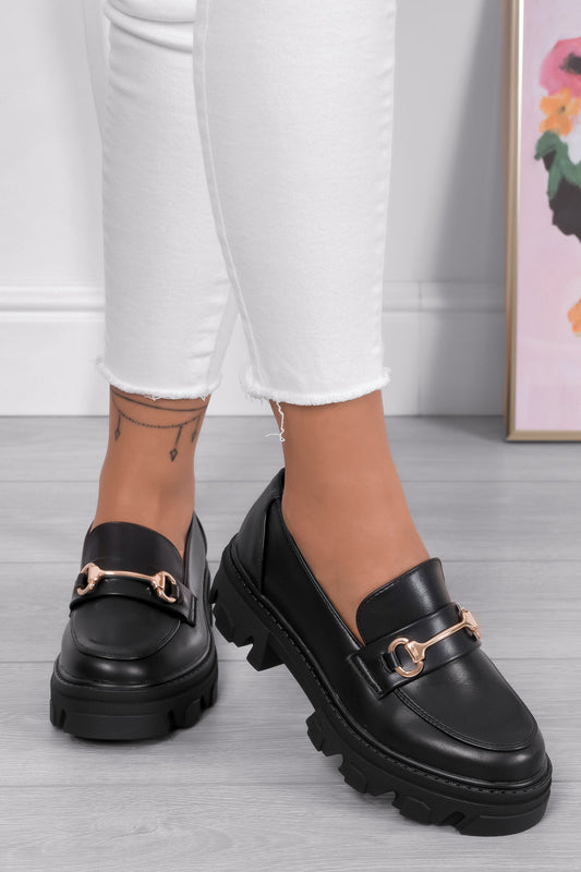 ADELINE - Black loafers with chunky sole and golden detail