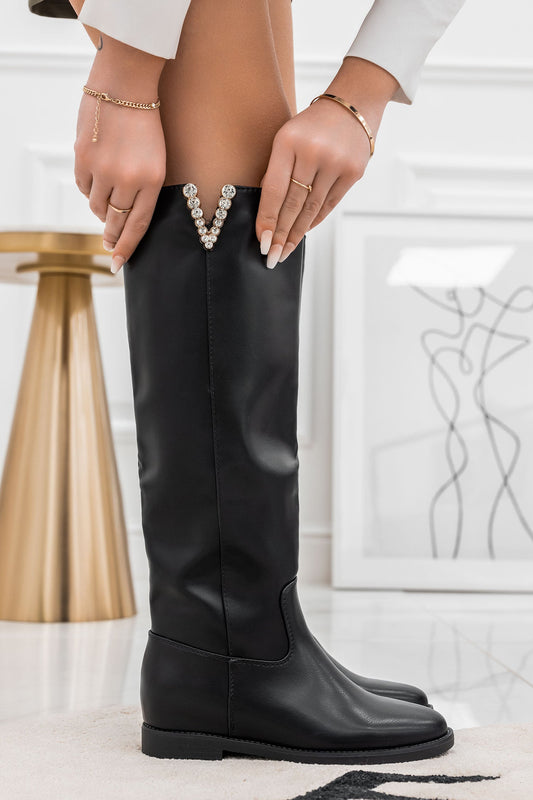 ANGIE - Black boots with inner wedge and rhinestone