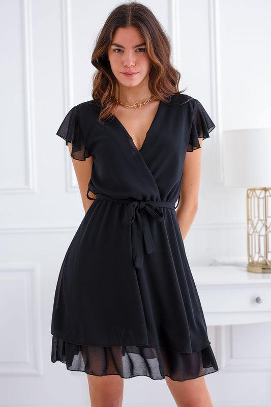 Black voile dress with waist tie