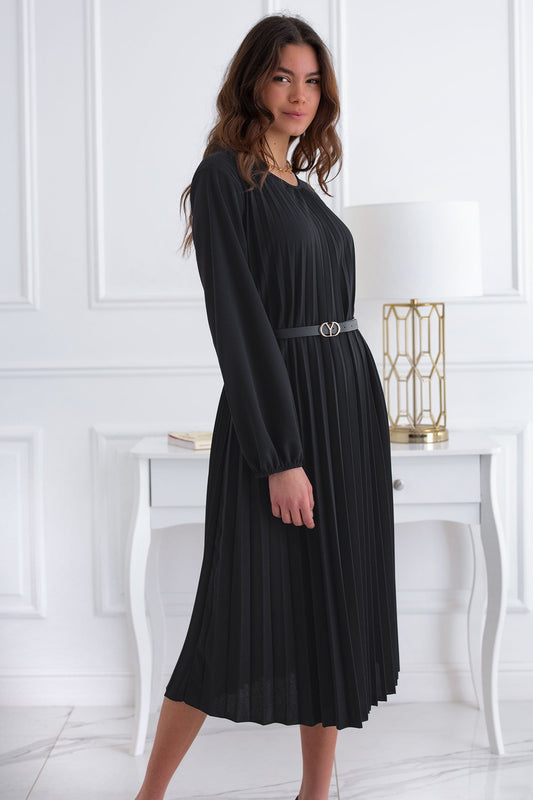 Black pleated dress with waistband