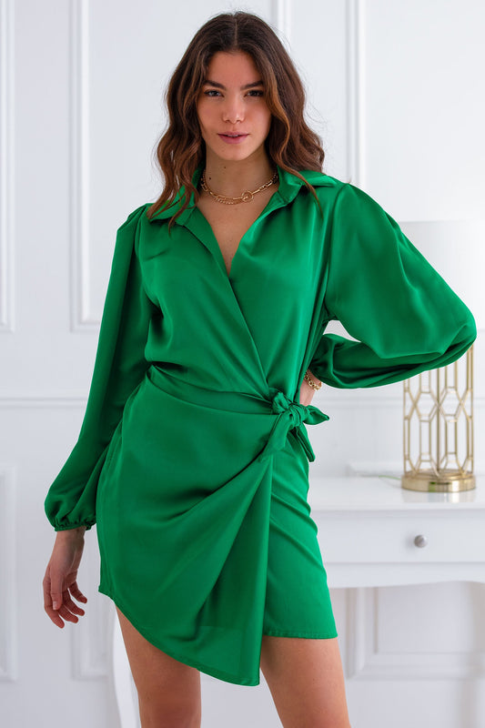 Green satin wrap dress