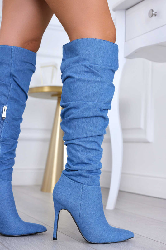 BORIS - Thigh-high blue jeans boots with stiletto heel