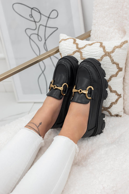 CARPET - Black loafers with chunky sole and gold buckle