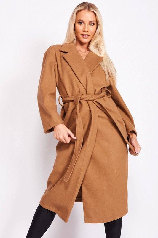 Long camel coat with waist drawstring