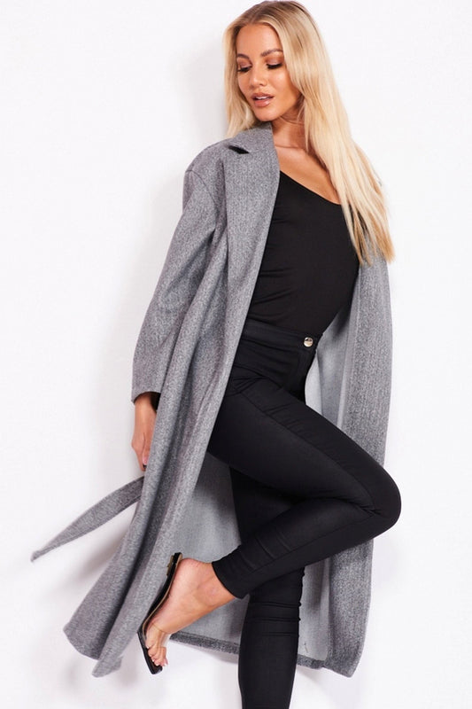 Grey long coat with waist drawstring