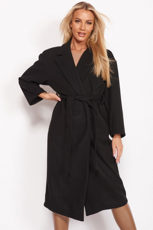 Black long coat with waist drawstring