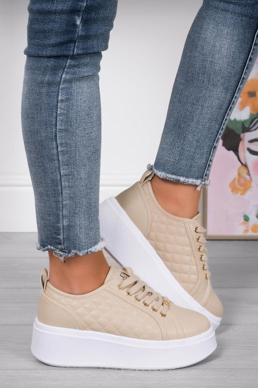 DALILA - Beige sneakers with quilted details and chunky sole